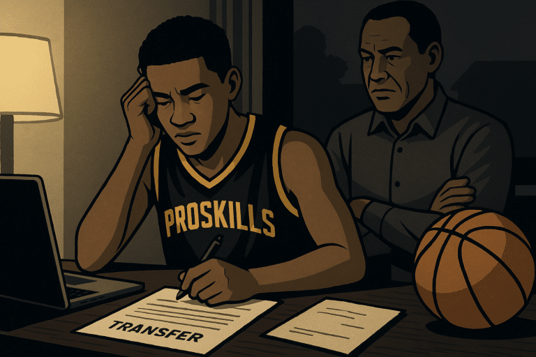 High school basketball player considering transfer schools with parent nearby